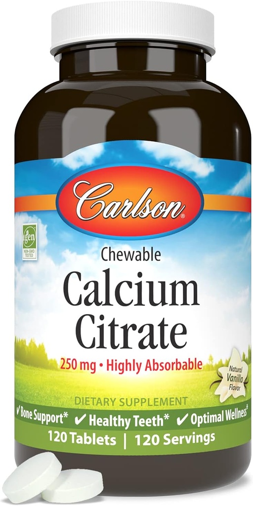 Carlson - Citrato de Calcio Chewable, 250 mg, Altamente Absorbable, Soporte de Huesos, Dientes Saludables y Bienestar Optimal, Natural Vanilla Flavor, 120 Tablets
