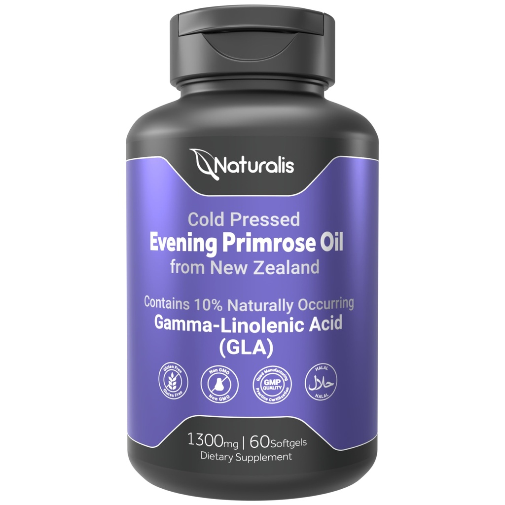 Naturalis Evening Primrose Oil (1300mg) ← 100% natural de Nueva Zelanda ← Non-GMO, Soy &amp; Gluten Free, Zero Filler  60 Softgels