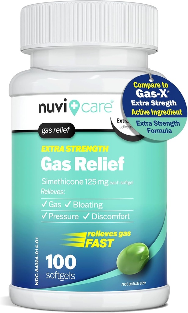 Alivio de Gas de Fuerza Extra - Simethicone 125mg Softgels - Alivio de Bloating Anti Gas rápido - Comparación con el Ingrediente Activo en Píldoras Gas-X Anti Gas - Alivio de Gas de Stomach para Adultos (100 Cuenta)