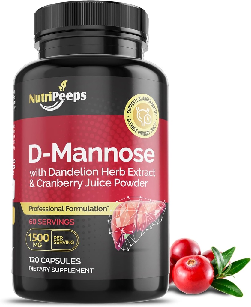 D-Mannose 1500mg, 120 cápsulas con hierba de Dandelion y extractos de arándano, limpieza natural del tracto urinario para el soporte UTI, lavado y desintoxicación de impurezas, para hombres y mujeres.