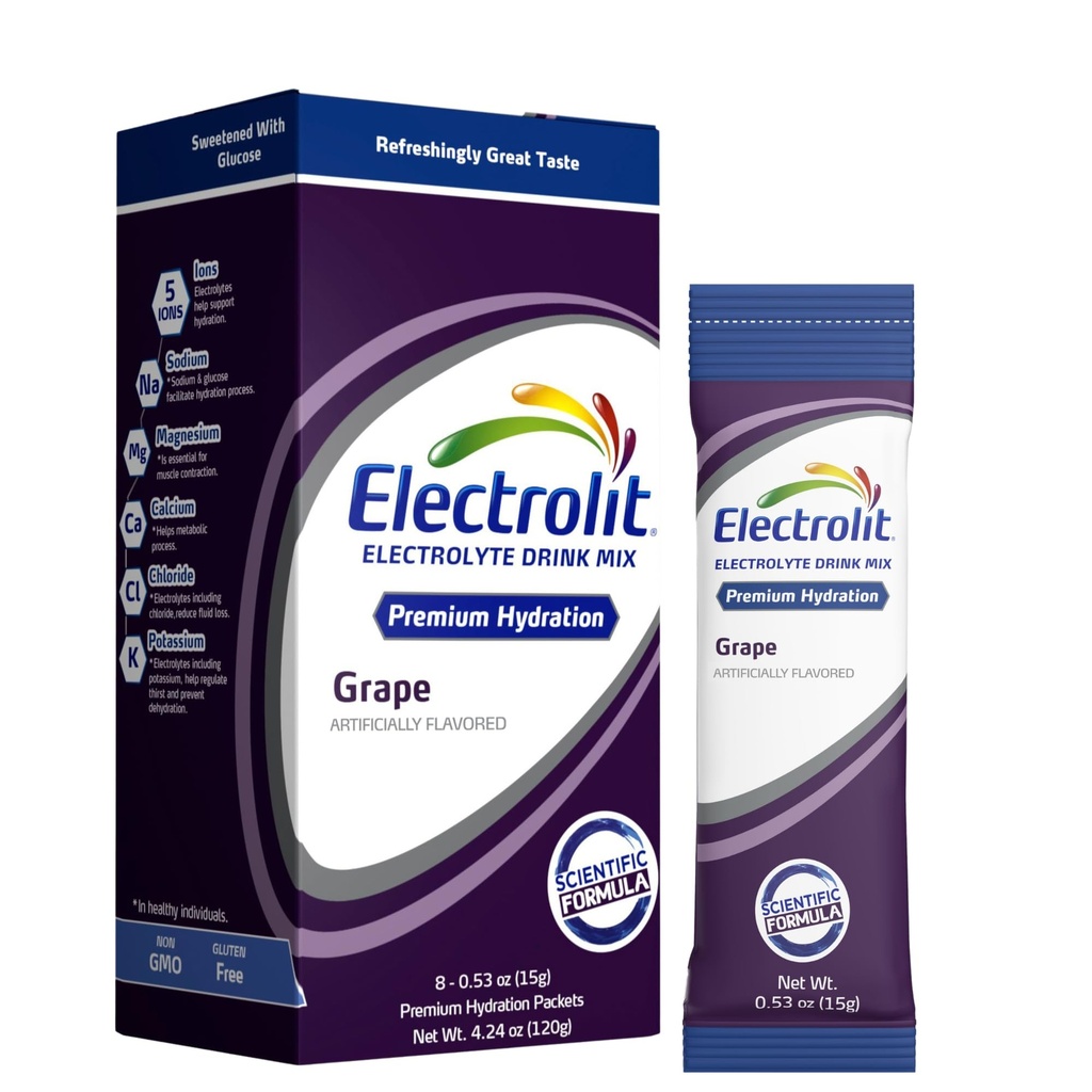 Electrolit Electrolytes Embalajes de Polvo, Paquete de Grape 8, Embalajes de hidratación para deshidratación y rehidratación, Post Workout Flavored Hydrating Drink Mix, Gluten Free Daily Water Enhancer Sticks