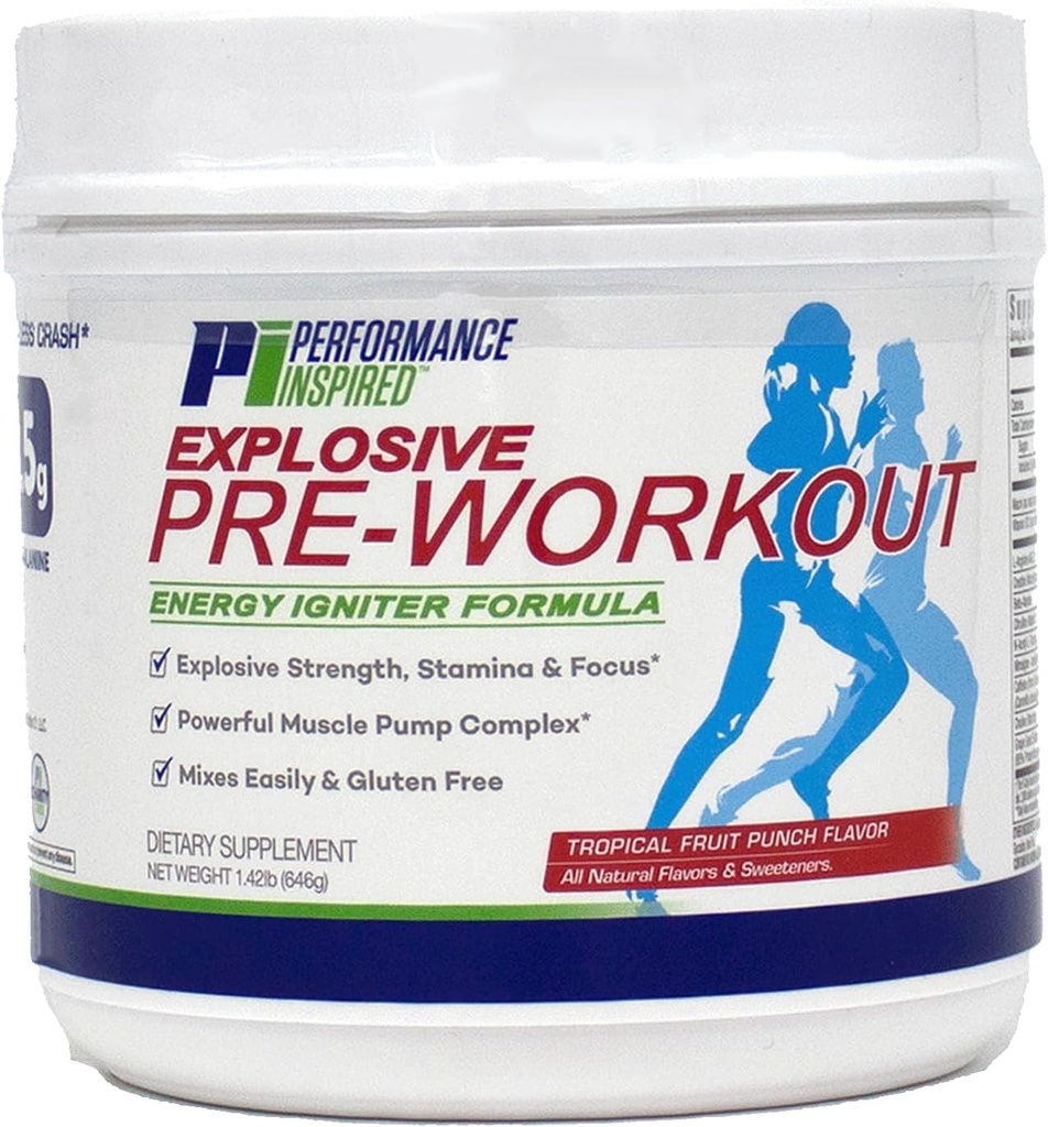 Performance Inspired Nutrition PreWorkout Powder - All Natural - G-Free &amp; Vegan Formula - Contiene Citrulline - Nitrosigine - Green Tea - Arginine - Beta Alanine - Tropical Fruit Punch - 32 Servings