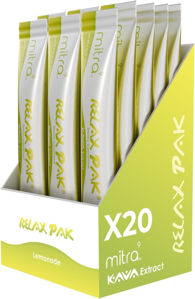 Mitra9 Kava Powder RelaxPak - Lemonade Kava Extract Powder Packets | Mood Enhancer | Plant Based | Promotes Natural Calm & Clarity | Easy Open Single-Serving Stick (20)