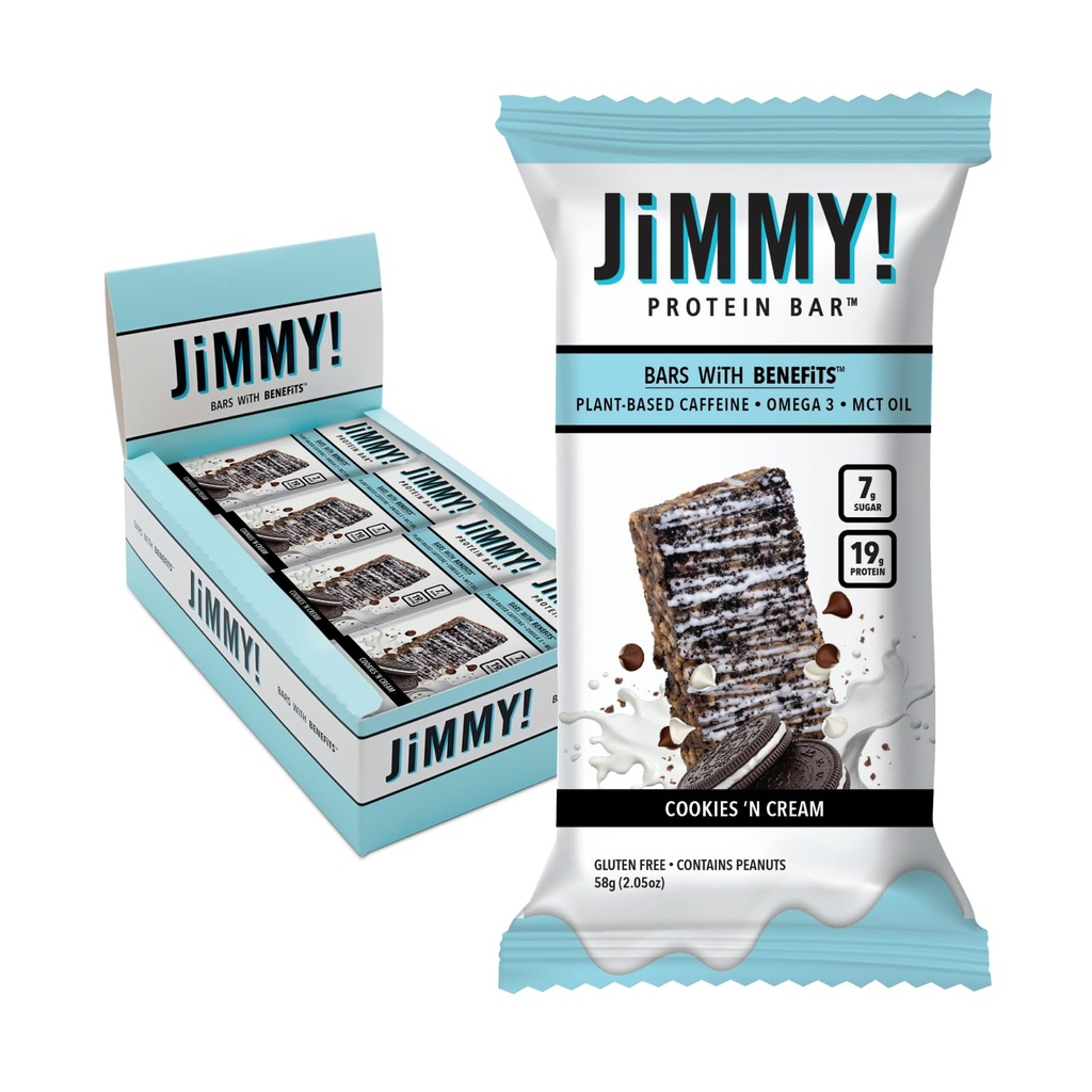 JiMMYBAR! - Cookies N Cream Protein Bares 19g Protein Bar - 7g Bajo Azúcar - 12 Cuenta - 58g Health Bars - Funal Snack with Real Food Ingredients - Hand-Drizzled Chocolate - Hecho con verdaderos maní