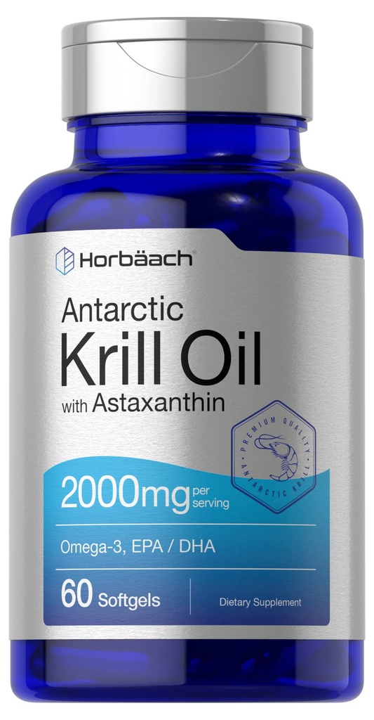 Horbäach Antártico Krill Oil 2000mg ← 60 Softgel Capsules  durable Omega-3, EPA, DHA Suplemento Silencio con Astaxanthin Silencio No GMO, Gluten Free