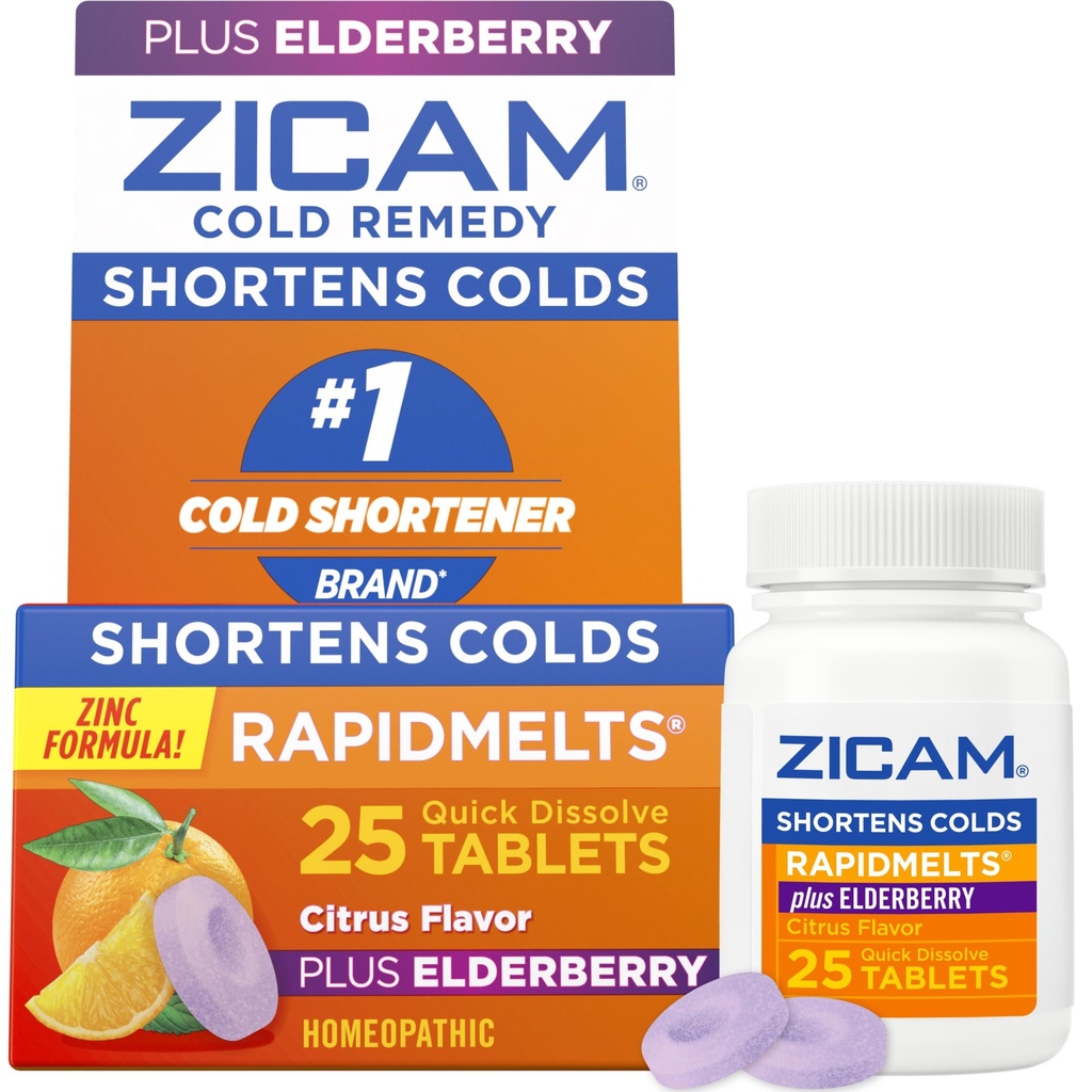 Zicam Cold Remedy Zinc RapidMelts, Elderberry Citrus Flavor, Homeopathic, Cold Shortening Medicine, Shortens Cold Duración, 25 Conde