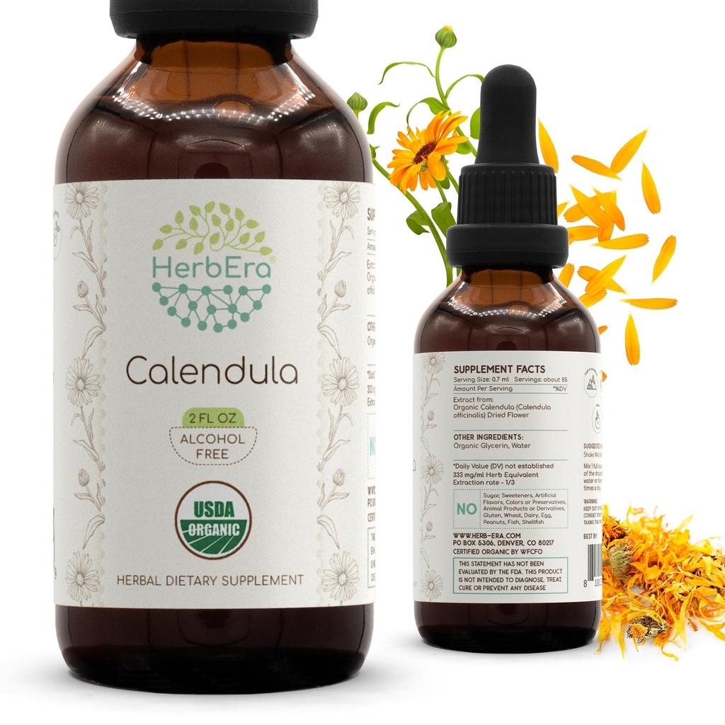 USDA Organic Calendula Alcohol-Free Liquid Extract Tincture – Digestive & Antioxidant Support, Calendula Officinalis Dried Flower, Daily Herbal Drops, Vegan, Herbal Supplement (2 fl oz)