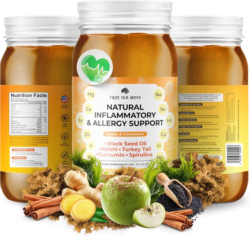 TrueSeaMoss Pro-Line Gel - Inflamatorio/Alergía - Gel de frutas con verduras Moss Premium Relishes - Vegan-Friendly - Made in USA (Apple/Cinnamon, Pack of 1) NW1