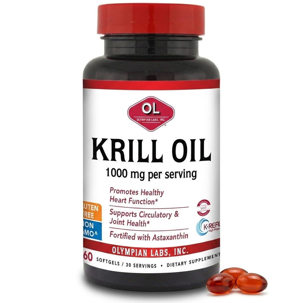 Olympian Labs Antarctic Krill Oil, 1000mg Caps with Astaxanthin, Omega-3, EPA, DHA, Immune, Joint &amp; Brain Support, 60 Softgels