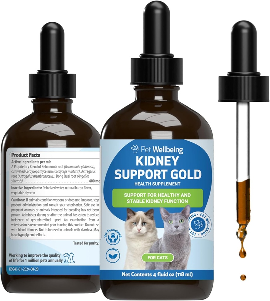Pet Wellbeing Kidney Support Gold for Cats - Supports Healthy Kidney Function, Fluid Balance, Energy Levels, Rehmannia, Dong Quai - Veterinarian-Formulated Herbal Supplement 4 oz (118 ml)