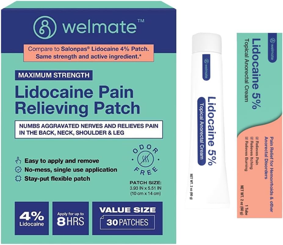 WELMATE Ultimate Pain Relief Duo: 4% Lidocaine Numbing Patch (30 Ct) & 5% Lidocaine Cream (2 Oz) ANTE Maximum Strength Topical Analgesic Kit