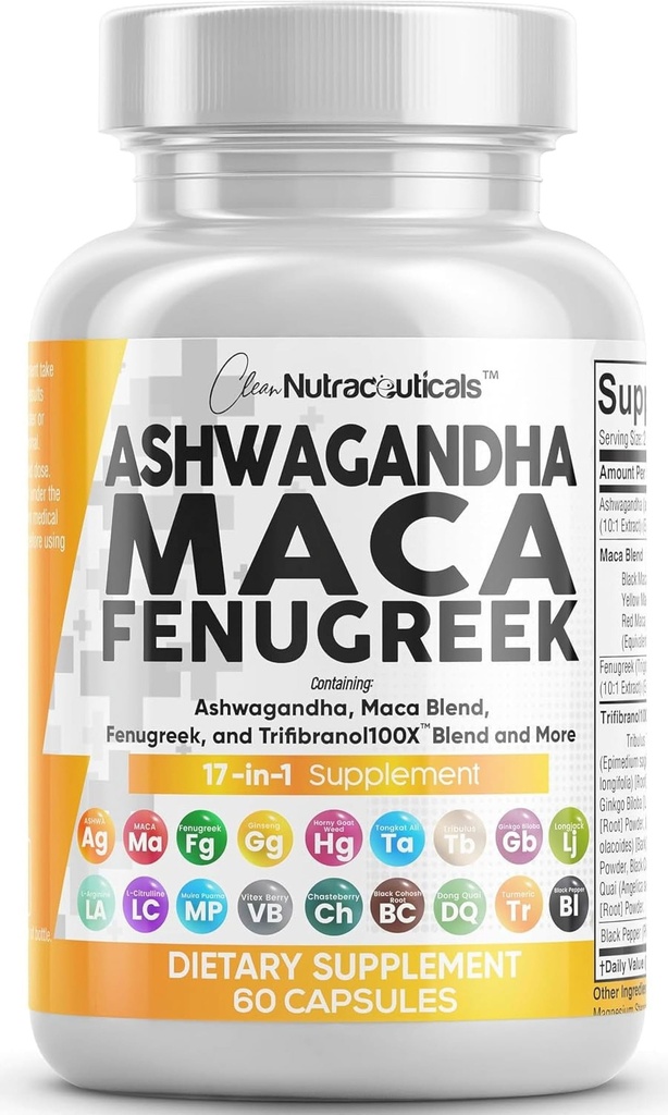 Nutracéuticos limpios Ashwagandha Maca Root Fenugreek Suplemento con Tongkat Ali Ginseng - Asistencias con estrés, Mood & Thyroid - Ashwagandha Capsules Fenugreek Caps - 1 Pack