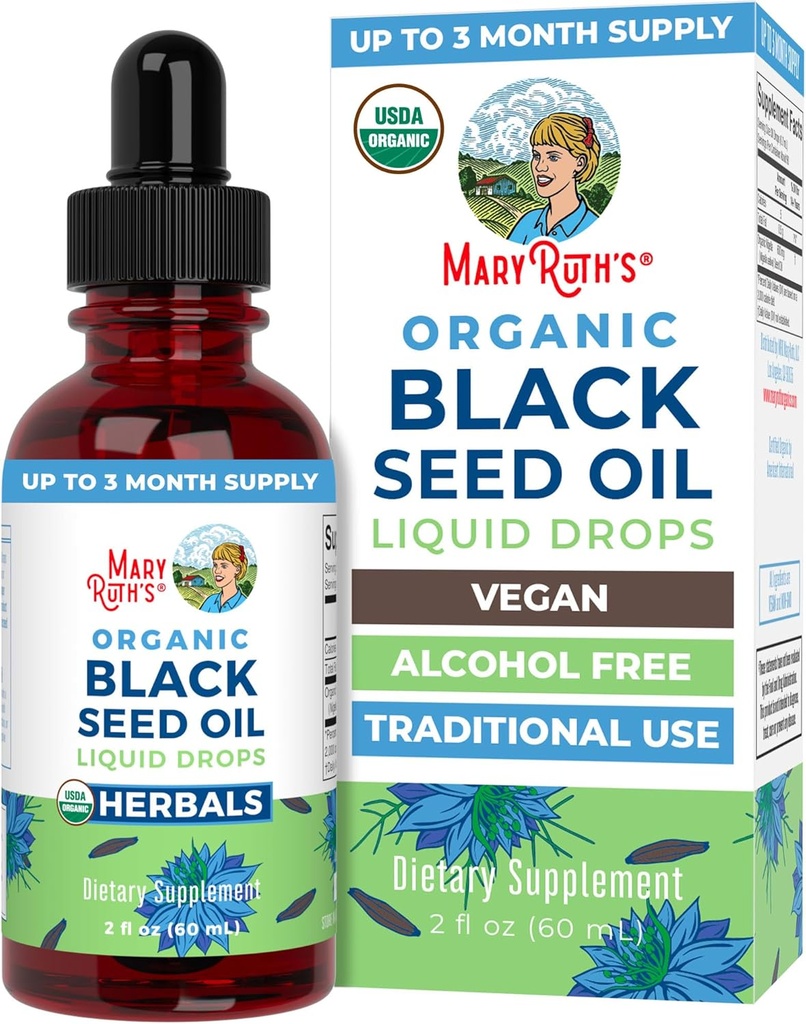 MaryRuth Organics Black Seed Oil Liquid Drops Cold Pressed ← 3 Month Supply  USDA Orgánica Black Cumin Seed Oil ← Inmunity Support ← Respiratory Health ❌ Sugar ventajaGluten Free ← Vegan ← Non-GMO  2 Fl Oz