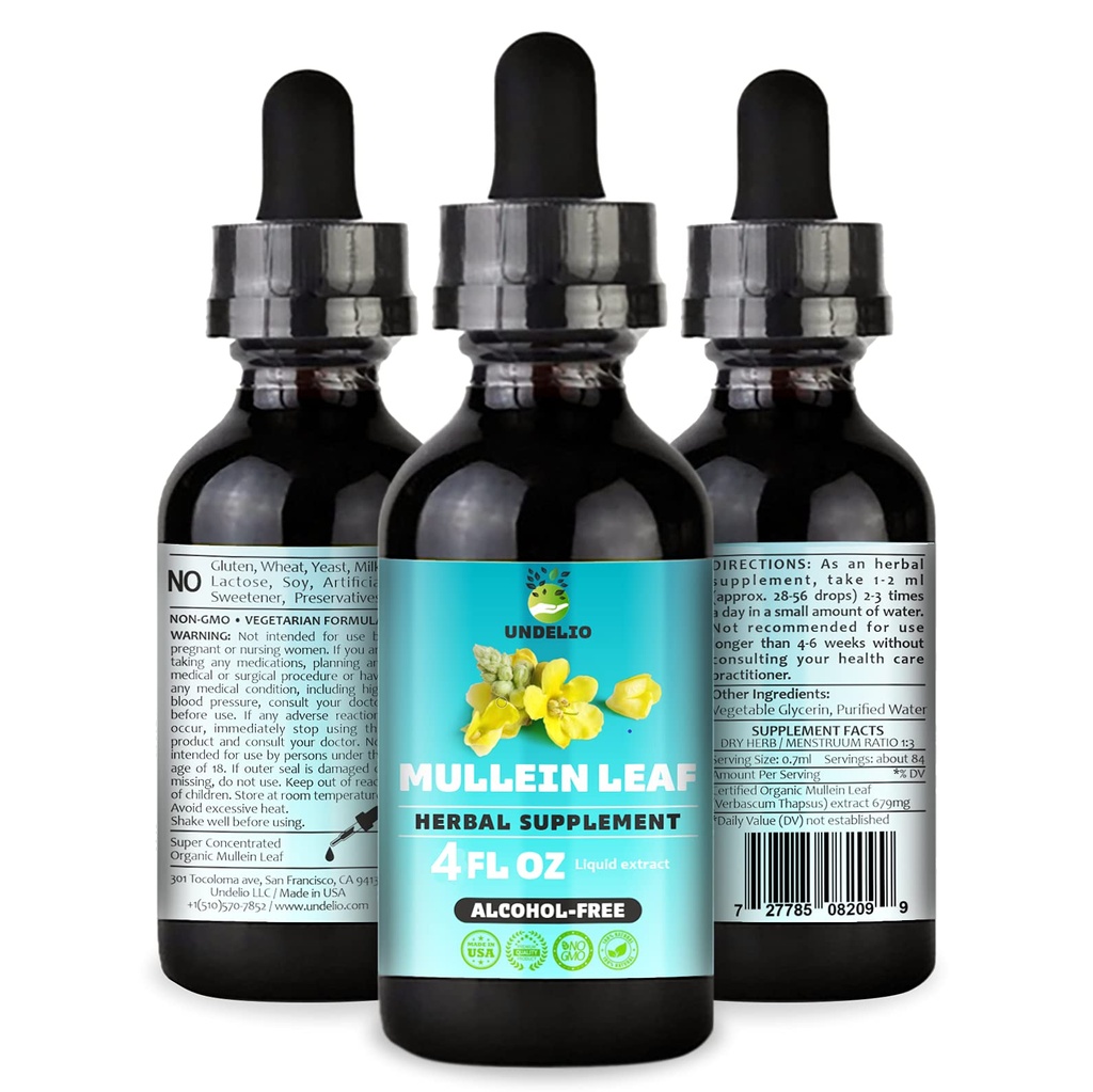 Extracto Herbal Mullein de Undelio - Tintura orgánica y libre de alcohol para respiratorio, pulmón, sueño &amp; apoyo digestivo - No GMO, Vegan - 4 fl. Oz para la salud inmune &amp; Lung Detox