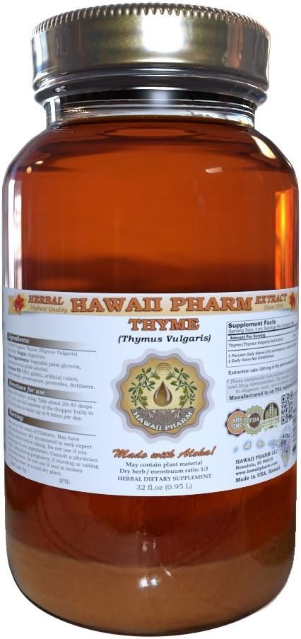 Time Liquid Extract, Organic Thyme (Thymus Vulgaris) Tincture, Herbal Supplement, Hawaii Pharm, Made in USA, 32 fl.oz