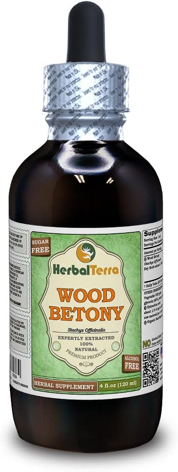 Madera Betony (Stachys Officinalis) Glycerite, hierba seca orgánica Alcohol-FREE Liquid Extract (Marca: HerbalTerra, Proudly made in USA) 4 fl.oz (120 ml)