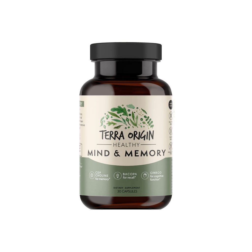 TERRA ORIGIN Healthy Mind and Memory Support Suplemento ← Memoria Cognitive Matrix  CDP Nootropic, Bacopa, L-Tyrosine, Huperzine A, Ginko, B12 ← No GMO, Gluten Free, Dairy Free ← 30 Capsules