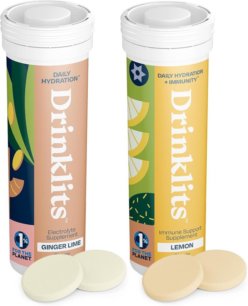 Bebidas Ginger-Lime Hydration & Lemon Immune Support (2) Tube Combo Pack TENIDO Gran sabor – Electrolitos diarios – Vitaminas esenciales TEN 20 Servings (10 Tablets Por Tube)