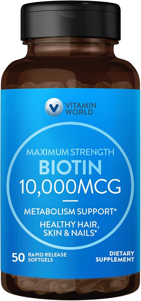 Vitamin World Ultra Mega Biotin 10,000 mcg. 50 Softgels, Vitamin B, Supports Healthy Hair, Skin and Nails, Rapid-release, Gluten Free