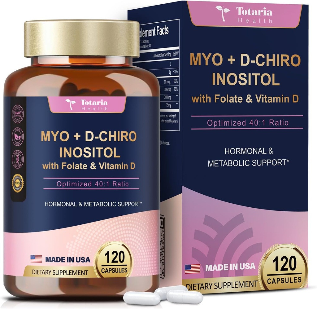 Totaria Inositol Supplement for Women with Vitamin D3, Folate, 40:1 Ratio Myo-Inositol 3000mg & D-Chiro Inositol 75mg Complex, Vitamin B8 Inositol Supplement for Women Hair, Nail, Skin Health
