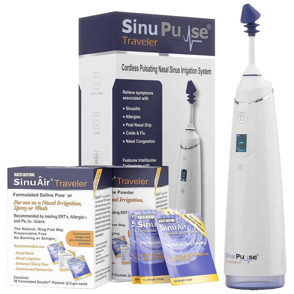 SinuPulse Traveler with 90 Sinuair Packets - Cordless Pulsating Nasal Irrigation Sinus Rinse System, Space Saving Cleaner & Relief Machine for Travel, More Effective than Neti Pot or Nose Spray Bottle