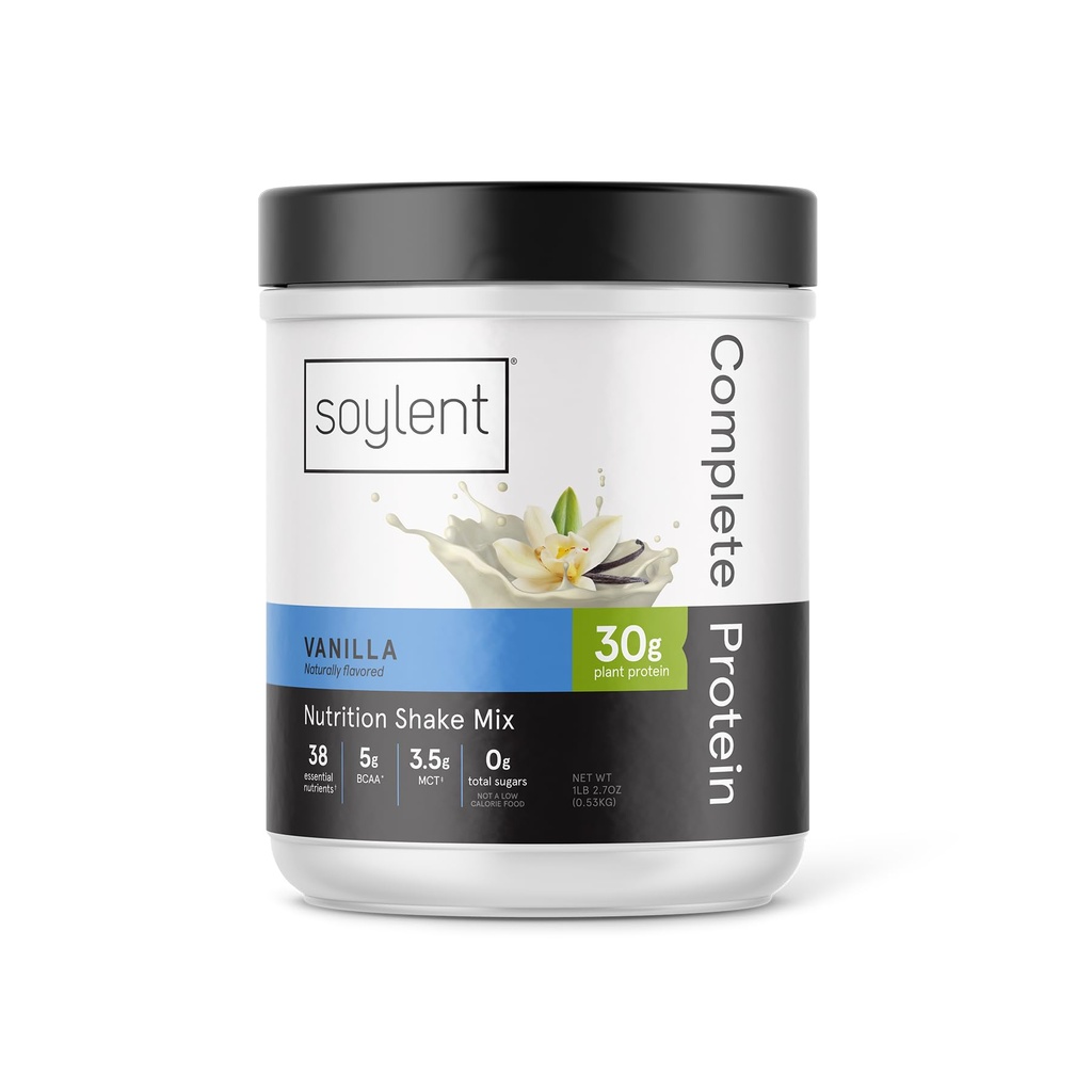 Soylent Complete Protein Powder, Vainilla, 30g Protein Shake para el crecimiento muscular y la recuperación, BCAAs, DHA, MCT, 28 Vitaminas & Minerales, Zero Sugar, Gluten Free, Vegan - 1.25lb
