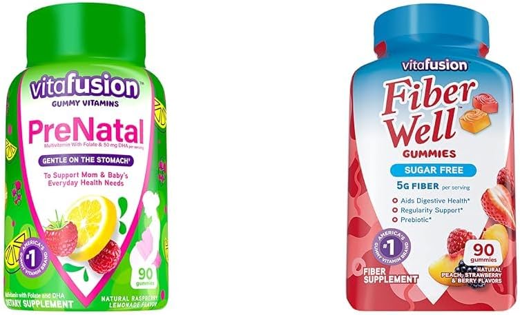 Vitafusion PreNatal Gummy Vitaminas, Raspberry Lemonade Flavored, Pregnancy Vitamins for Women ' Fiber Well Sugar Suplemento de fibra gratuita, Peach, Fresa y BlackBerry Flavored