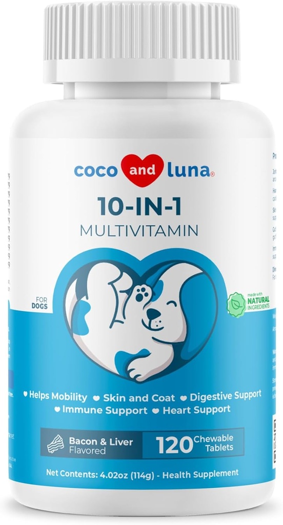 10 en 1 Multivitamínico para Perros - 120 Tabletas Chewable con Glucosamina y Condroitina - Aceite de pescado & vitaminas con Coq10 para la salud del corazón, Gut &amp; Immune Support