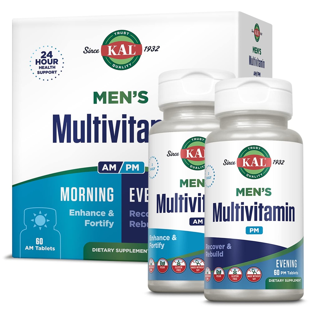 Multivitamina AM/PM de los hombres KAL, suplemento de antioxidantes, musculo, inmuno, equilibrio electrolítico, apoyo general de bienestar, hecho sin transgénicos y soya, vegano, 30 servidos, 120 tabletas