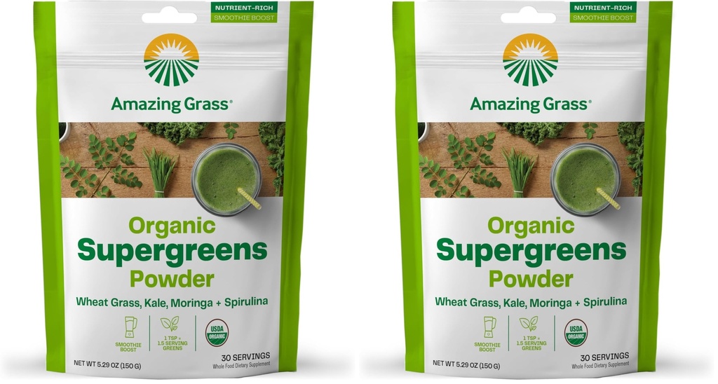 Amazing Grass Super Greens Booster: Greens Powder Smoothie Mix with Spirulina,Moringa,Wheat Grass & Kale Smoothie Booster,Chlorophyll Providing-Greens,30 Servings,(Pack of 2)