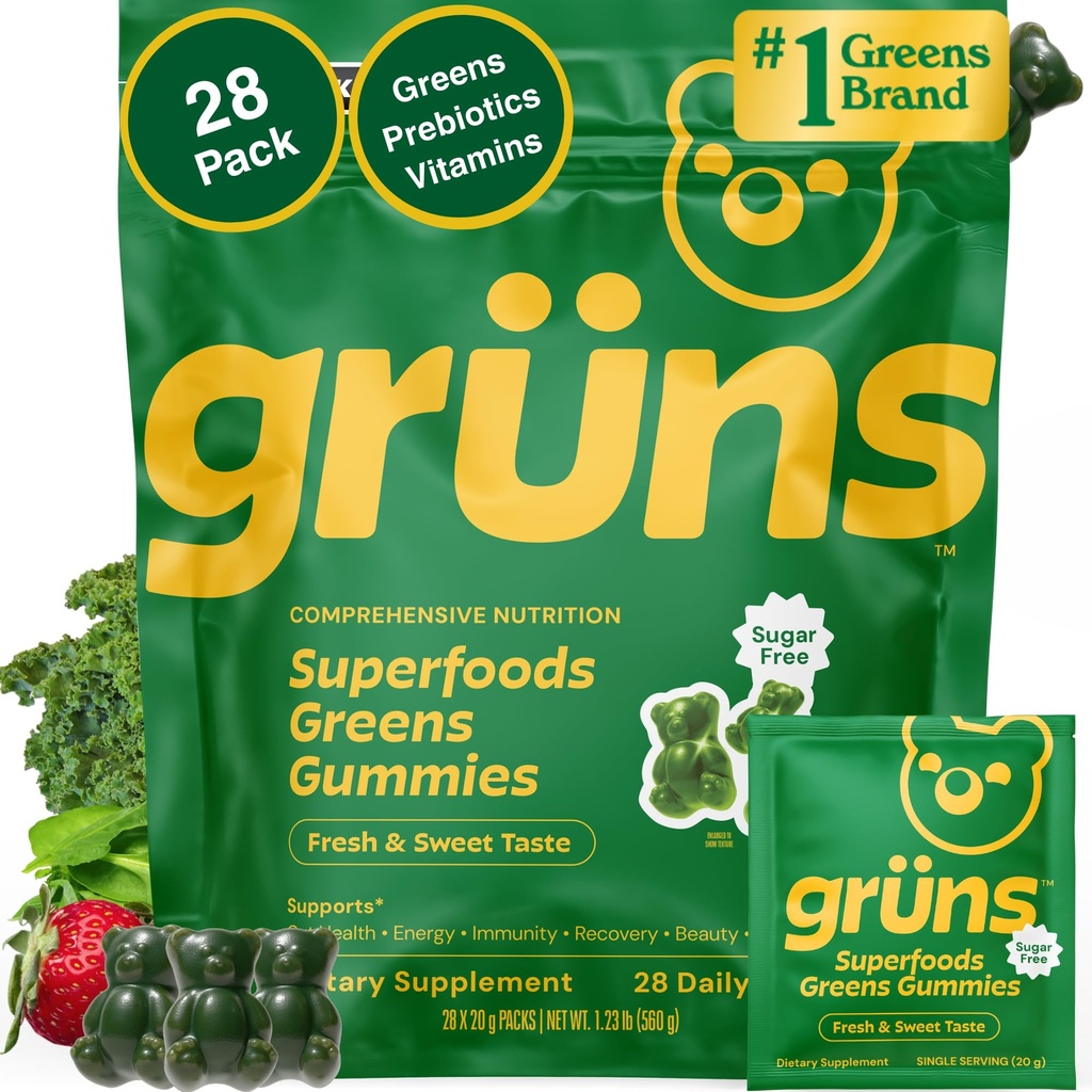 Gruns Adult Sugar-Free Super Greens Multivitamin Gummies, Superfood Gummy Vitaminas para Mujeres y Hombres con Spirulina, Clorella, Adaptogens " Prebiotic Fiber for Digestive Health (28 Conde)