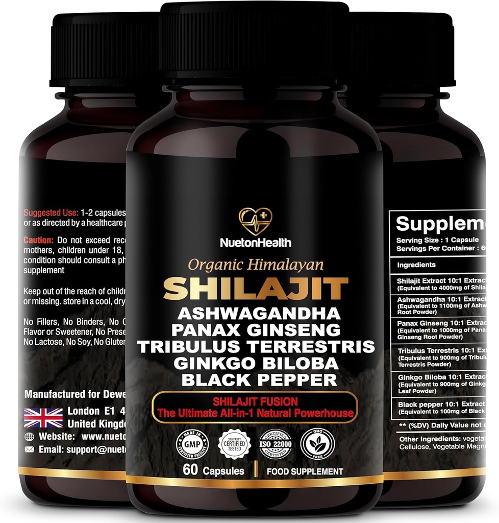 Himalayan Shilajit Capsules with Ashwagandha, Ginseng, Tribulus, Ginkgo & Black Pepper – Vegan, Gluten-Free Botanical Blend for Daily Wellness & Vitality – 60 cápsulas