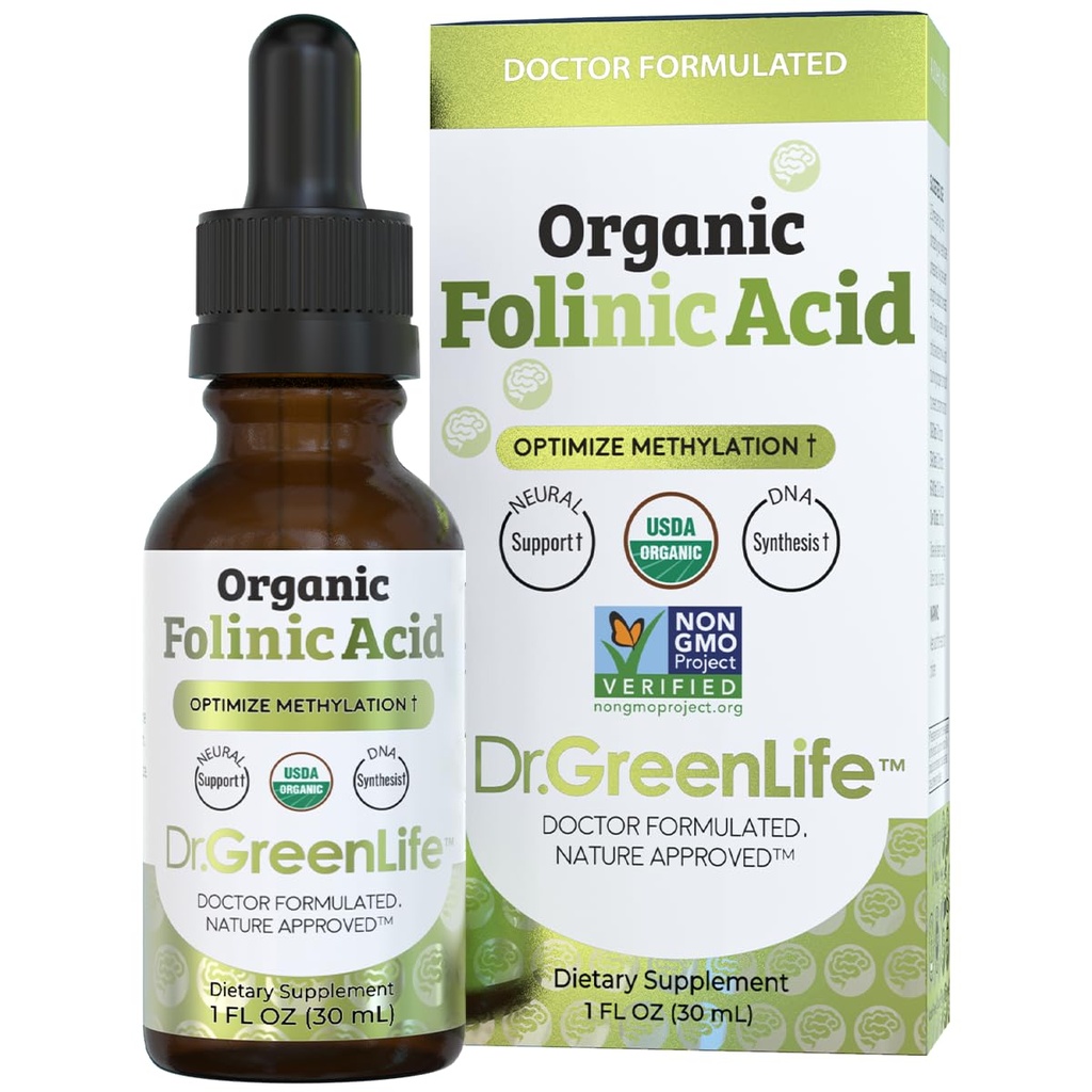 Dr. Green Mom USDA Organic Folinic Acid Drops - 500 mcg por gota Apoyo a la metilación B9 Suplementos para adultos y niños Apoyo a la función neurológica, Nervous System Health & DNA Synthesis