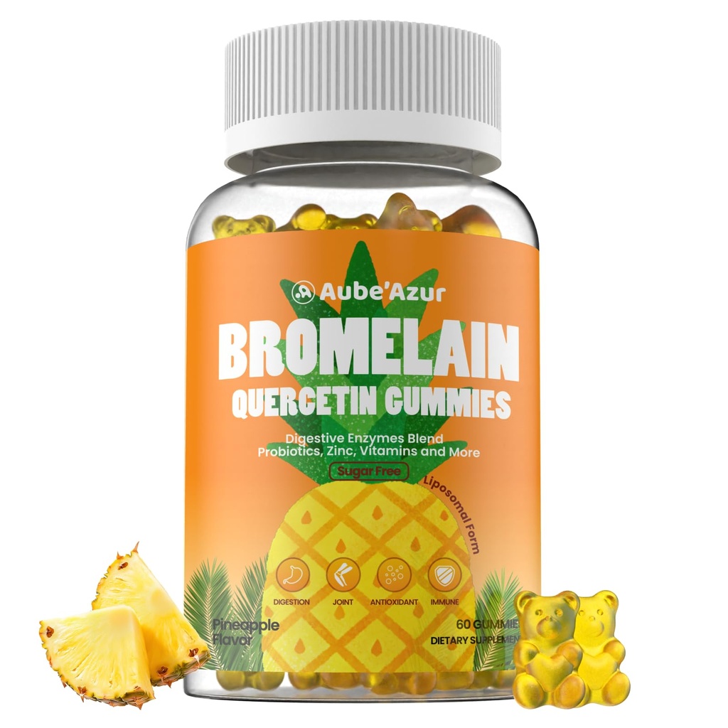 Bromelaina Liposomal con Quercetin Gummies, 1000mg Bromelain Suplemento para Hombres Mujer, con Probióticos, Enzimas Digestivos para Gut, Digestivo &amp; Apoyo Inmunitario, Libre de Azúcar, Flavor de Pineapple, 60 Condes