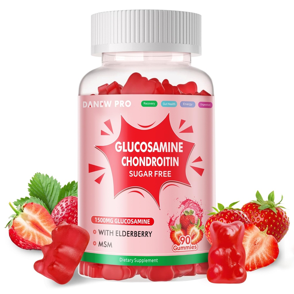 DANEW Pro Glucosamine Chondroitin Gummies with MSM & Elderberry Extra Strength - Joint Support, Antioxidant Immune Support Supplement for Adults, Men &amp; Women.90 Strawberry Gummies