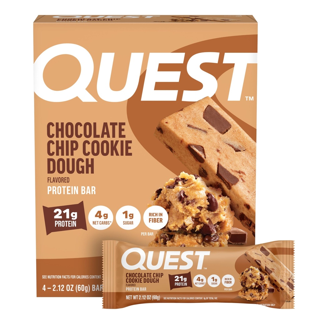 Quest Nutrition Chocolate Chip Cookie Dough Protein Bars, 21g Protein, 4, Net Carbs, 1g Sugar, High Fiber, Gluten Free, Keto Friendly, 4 Count