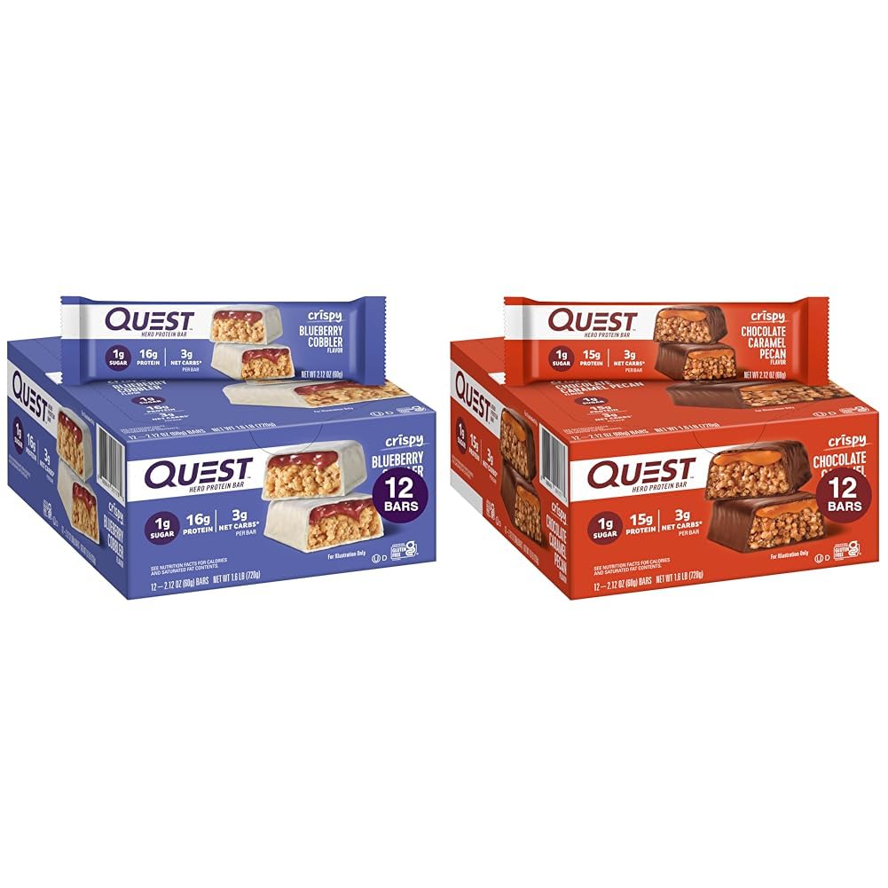 Quest Nutrition Crispy Blueberry Cobbler & Chocolate Caramel Pecan Hero Protein Bars, 16g & 15g Protein, 1g Sugar, 3g Net Carb, Gluten Free, Keto Friendly, 12 Count Bundle