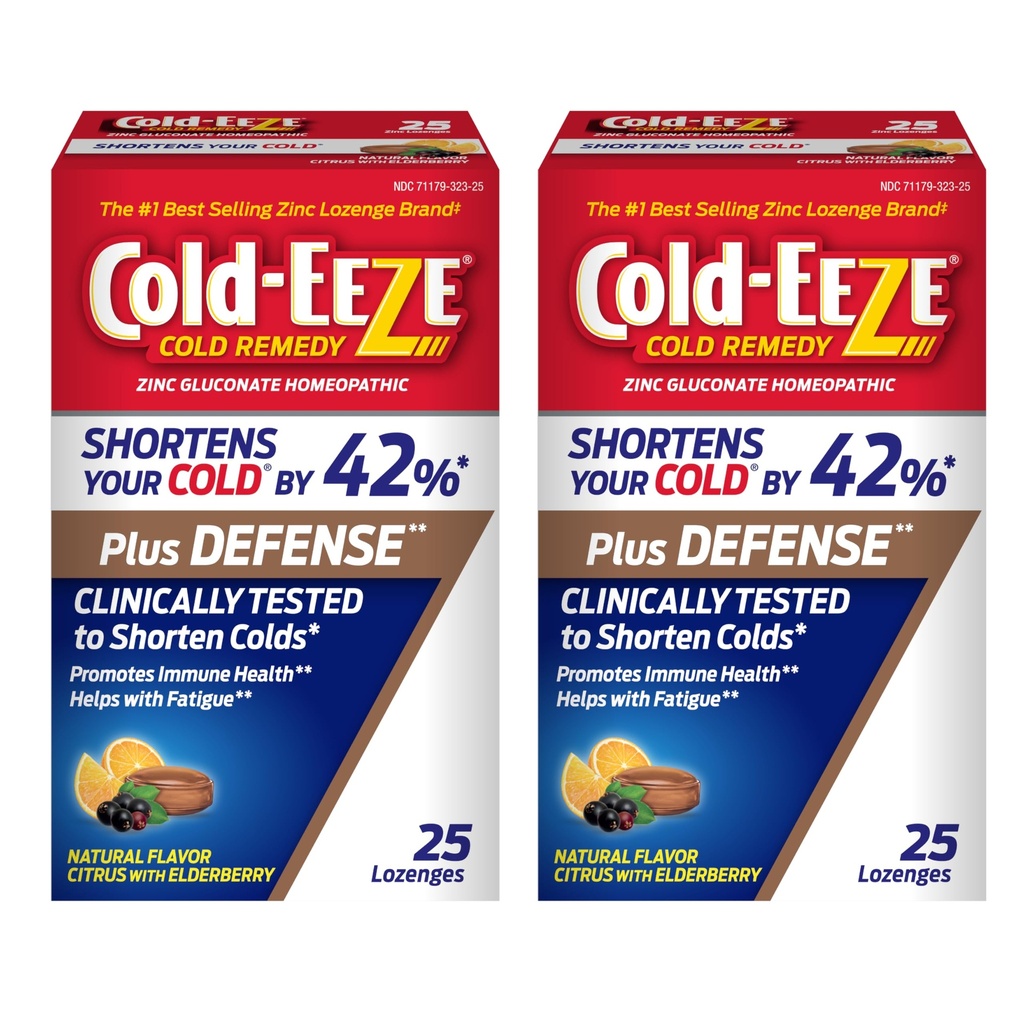 Cold-Eeze Plus Defense Natural Citrus with Elderberry Zinc Lozenges, Reduce la duración del frío común, Sambucus Nigra, Echinacea y Rose Hips, 25 Ct, Pack of 2
