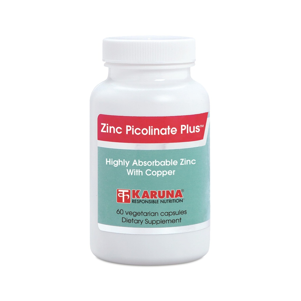 Karuna Zinc Picolinate Plus 60 Capsules Vegetarianos ← 25 MG Plus 2.5 MG Cobre para BALACED Long Term USE ← Apoyo a la Función Inmunitaria, Salud de la Esquía, Desarrollo y Bienestar Global.