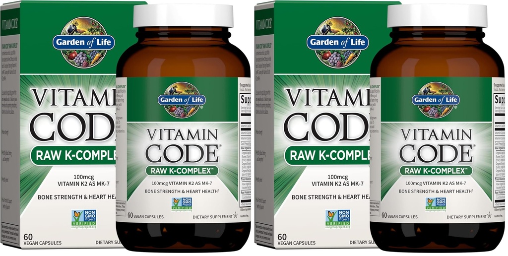 Jardín de la vida Vitamina K2 y K1, Código de vitaminas Complejo de K vegano para la fuerza del hueso y la salud del corazón, aceite de semilla de Flax Omega Rich, minerales del rastro, probióticos, suministro de 60 días, (Pack de 2)
