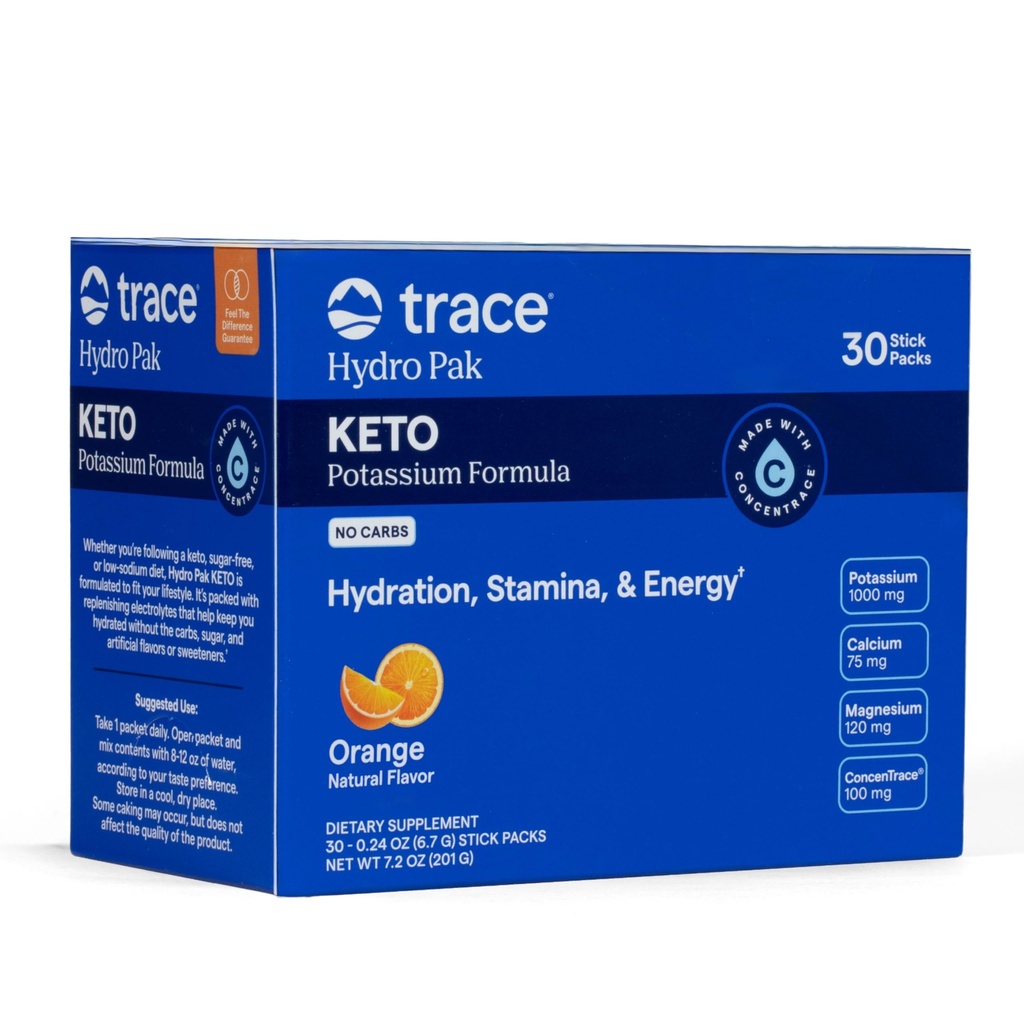 Trace Minerals Hydro Pak Keto - Electrolyte Replenishment Drink Mix – 1000 mg Potassium Plus 70 Supports Energy, Stamina, " Hydration – Orange Flavor – 30 Servings