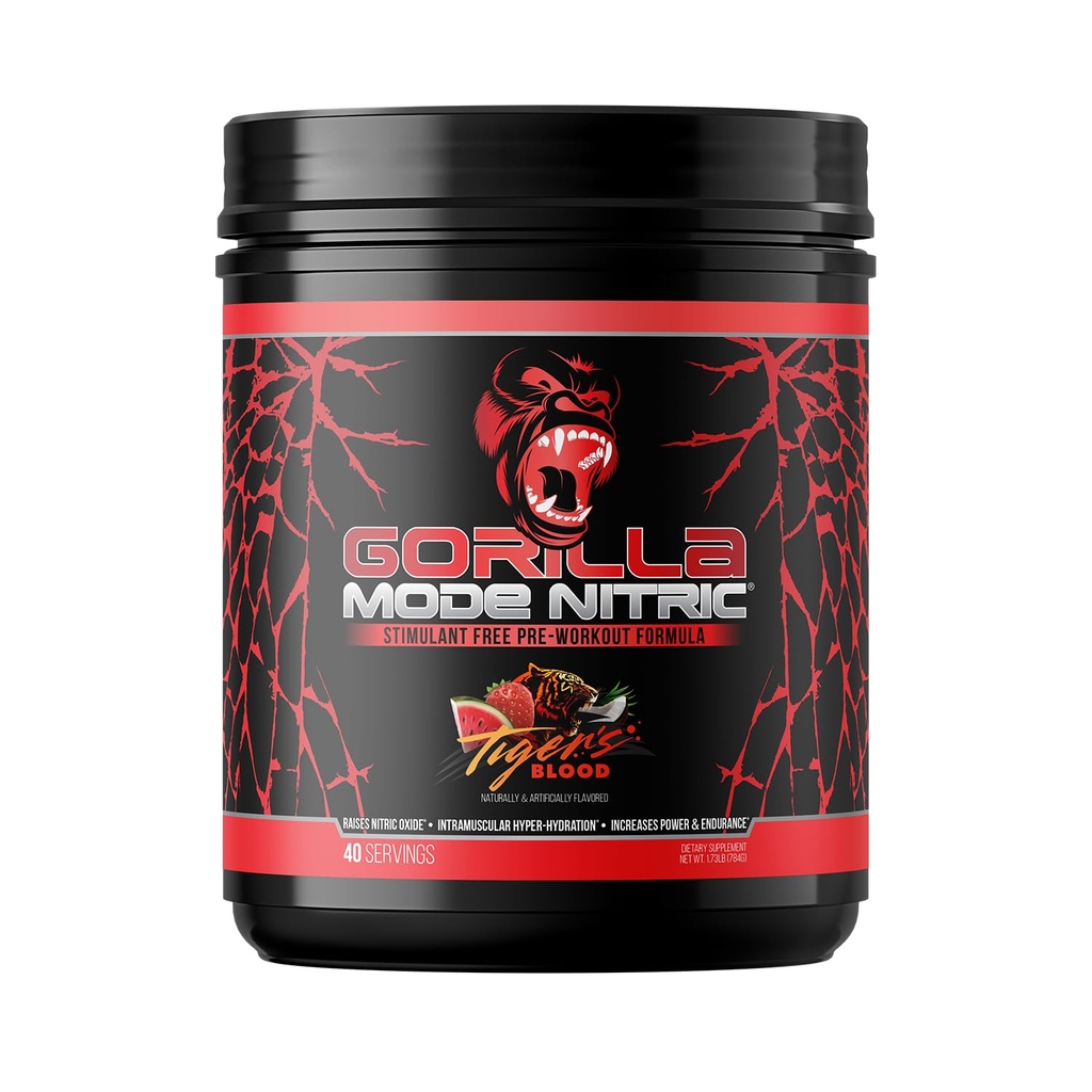 Gorilla Mode Nitric Upgraded Stimulant Free Pre-Workout – Best Tasting and Most Effective Stimulant Free Pre-Workout/Massive Pumps · Vasodilation · Power / 784 Grams (Tigers Blood)