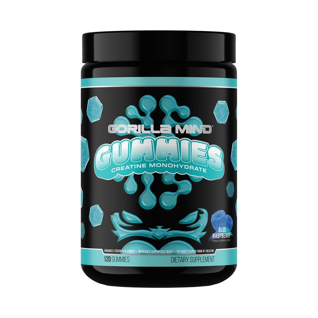 Gorilla Mind Cretine Gummies - Tested HPLC de terceros ← 5g Creapure® Creatine Monohydrate tóxico Potency & Purity Verified Strength · Power · Lean Muscle  No Añadido Sugar ← Blue Raspberry Flavor