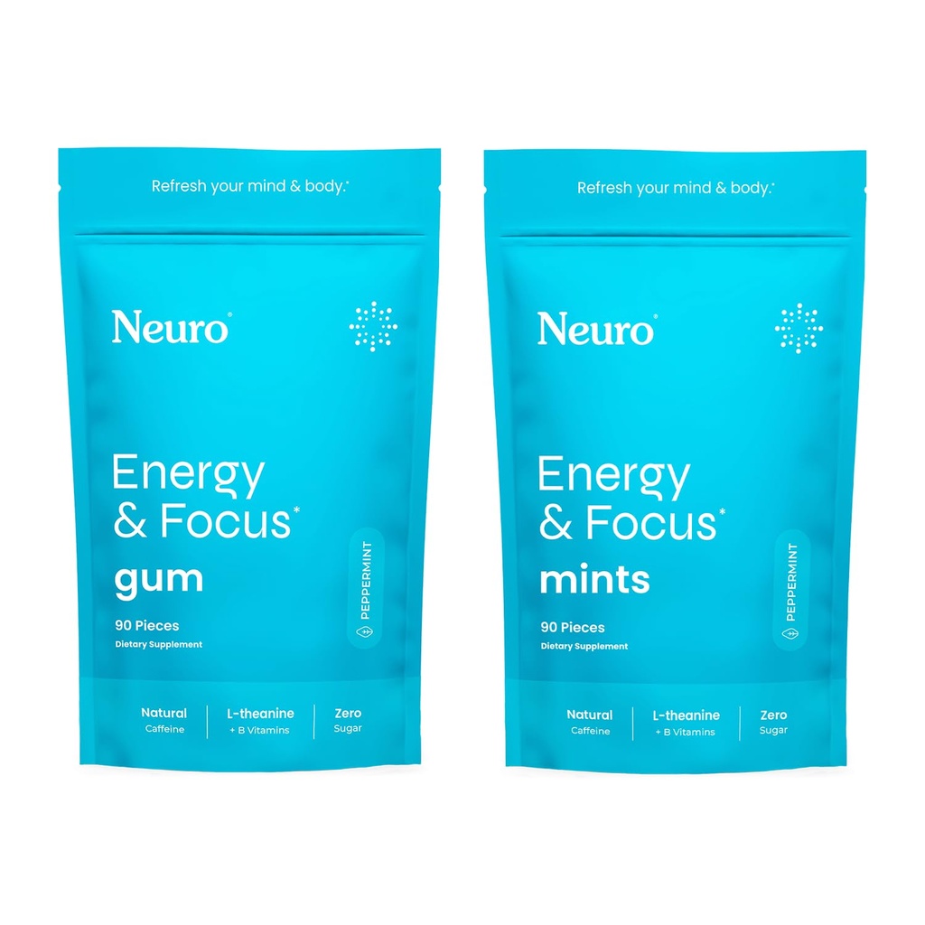 Neuro Energy & Focus Bundle - Peppermint Nootropic Gum (90ct) + Mints (90ct), Natural Caffeine, L-Theanine, B12 + B6, Sugar-Free Brain Support for Clarity & Energy
