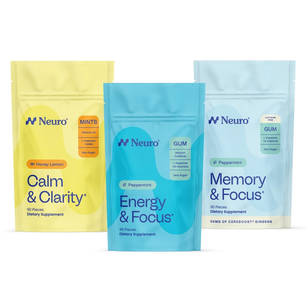 Neuro Cognitive Balance Bundle - Memory & Focus Nootropic Gum (Peppermint, 90 Cuenta), Sleep & Recharge Melatonin Mints (Berry, 72 Cuenta), Calm &amp; Clarity Stress Support Mints (Honey Lemon, 90 Cuenta)