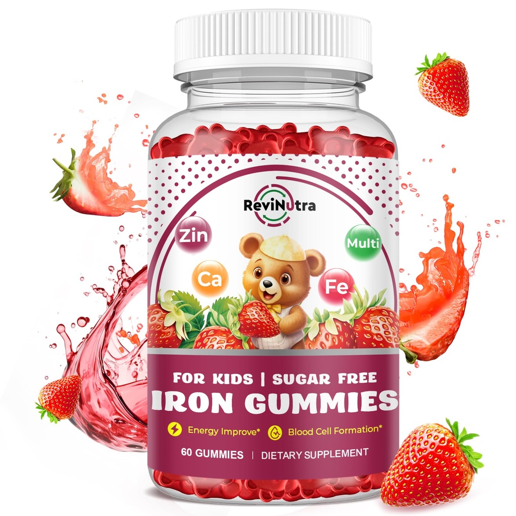 Iron Supplement Gummies for Kids - with Calcium, Zinc, Kids Multivitamin with Iron Gummies - Immune Support, Blood Builder & Energy Support for Iron Deficiency, Anemia, Vegan - 60 Count