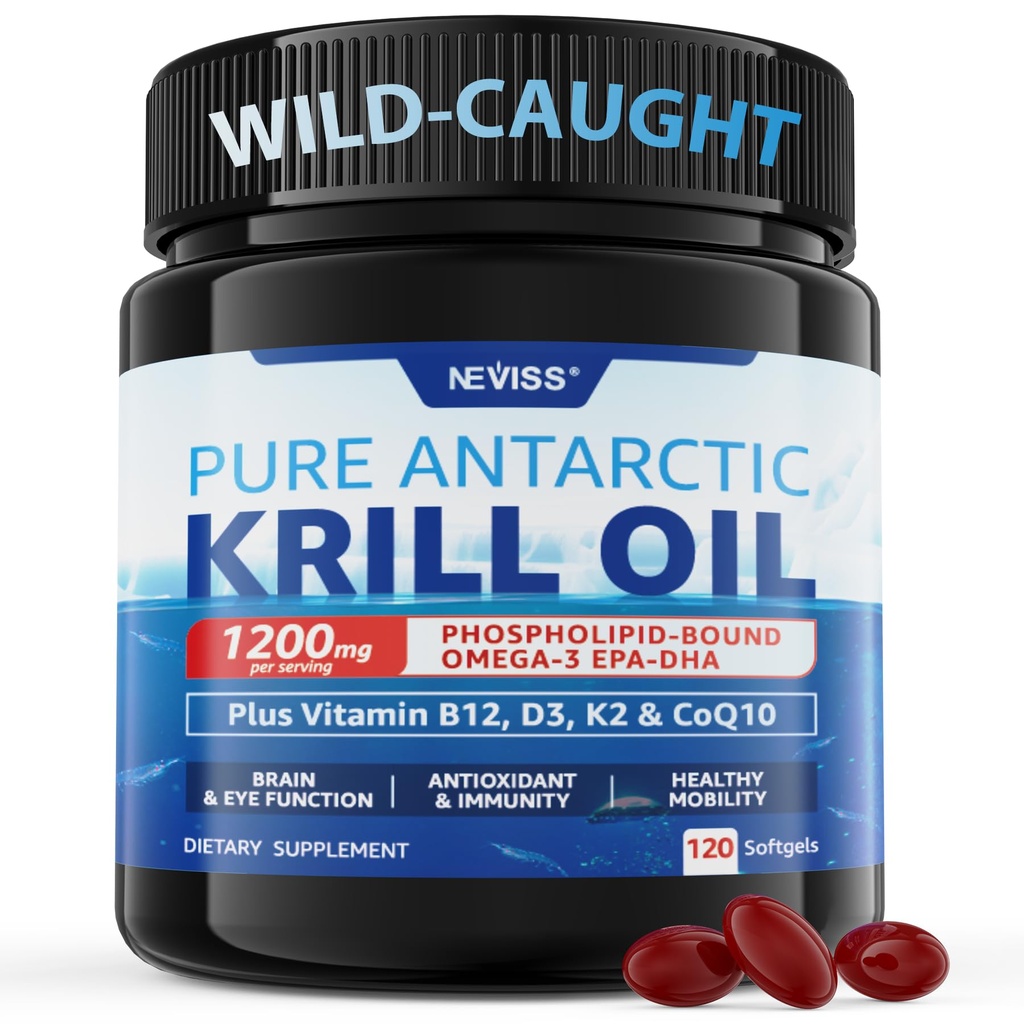 Aceite de Krill Antártico 1200 mg Omega 3 Suplemento, Omega 3 Krill Oil Softgels w/EPA, DHA, Astaxanthin " Phospholipids for Brain " Antioxidant, Fuente sostenible, No Fishy Aftertaste, 120 Softgels