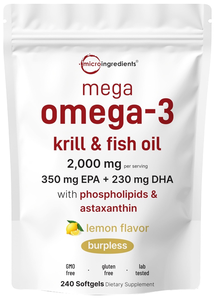 Mega Omega-3 Krill " Fish Oil 2000mg Equivalente, 240 Softgels ← Lemon Flavored  durable Fatty Acids " Astaxanthin ← EPA 350mg + DHA 230mg  durable Heart " Brain Supplement
