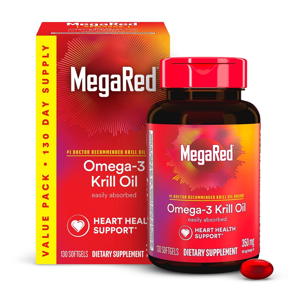 MegaRed - Omega-3 Krill Oil 350mg Softgels (130 Cuenta en una botella), EPA & DHA Omega-3 Ácidos grasos sin sabor a pescado A diferencia del aceite de pescado, contiene astaxante antioxidante