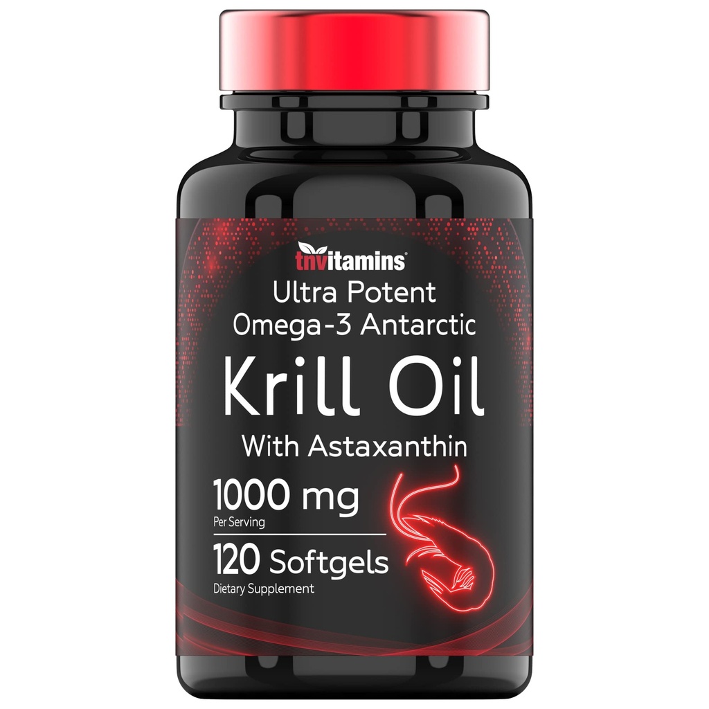 Aceite de Krill Antártico 1000mg - 120 Softgels con Astaxanthin tención 1000mg Aceite de Krill Rojo, 200 mg de fosfolípidos, 120 mg EPA, 80 mg DHA, 200 mcg Astaxanthin  sometida Potent " Agua mineral Omega-3 Frío Antártico Krill